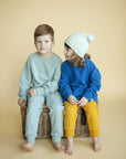 Fleece sweatshirt blue, yellow pants, mint sweatshirt and pants on kids